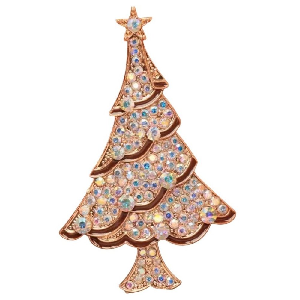 Christmas Tree Brooch Gold Tone with Iridescent Crystals